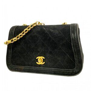 Chanel Shoulder Bag Quilted Suede Black Gold